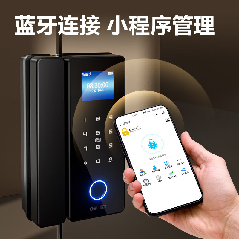 得力（deli）办公室智能玻璃门锁 玻璃门密码锁 指纹密码锁门禁机 指纹密码IC卡手机解锁开门 蓝牙小程序管理 【适用单开玻璃门】无地插 彩屏款 AL108