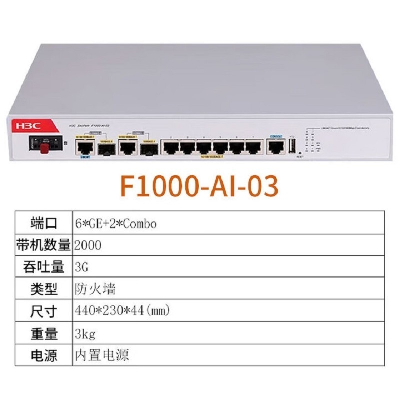 华三（H3C）F1000-AI-03 企业级防火墙 6*GE+2*Combo网络安全上网行为管理桌面型 吞吐3G/带机2000