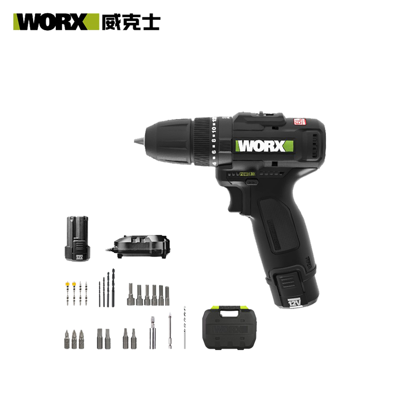威克士 电动工具 WE211 电动螺丝刀 充电式家用多功能锂电冲击钻+2.0Ah×2块电池+24件附件套